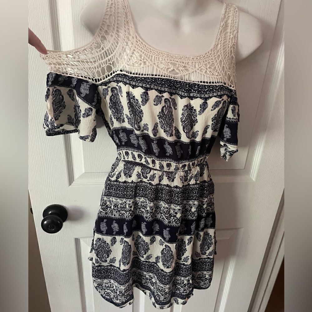 Womens Rue 21 XS navy patterned boho Dress with mesh top.